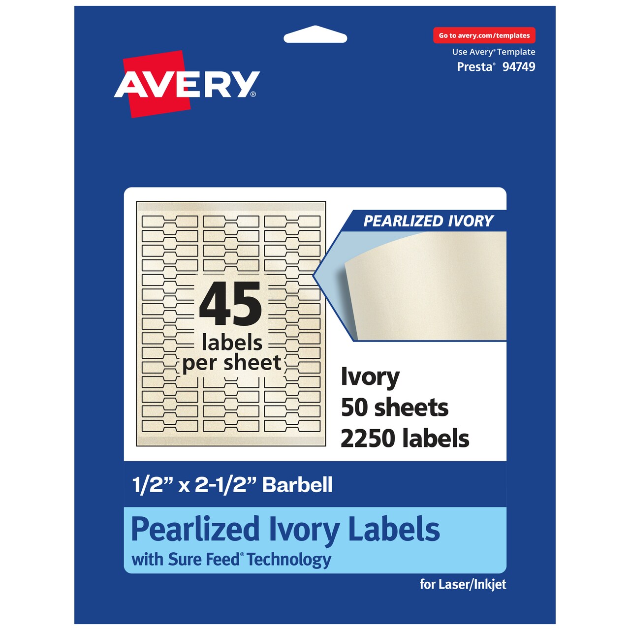 Avery Pearlized Ivory Barbell Labels with Sure Feed Technology, .5" x 2.5"